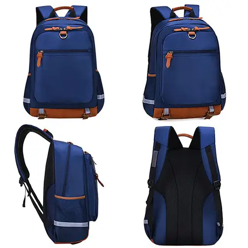 Durable Multi-Compartment Backpack with Reflective Safety Strips and Leather Accents